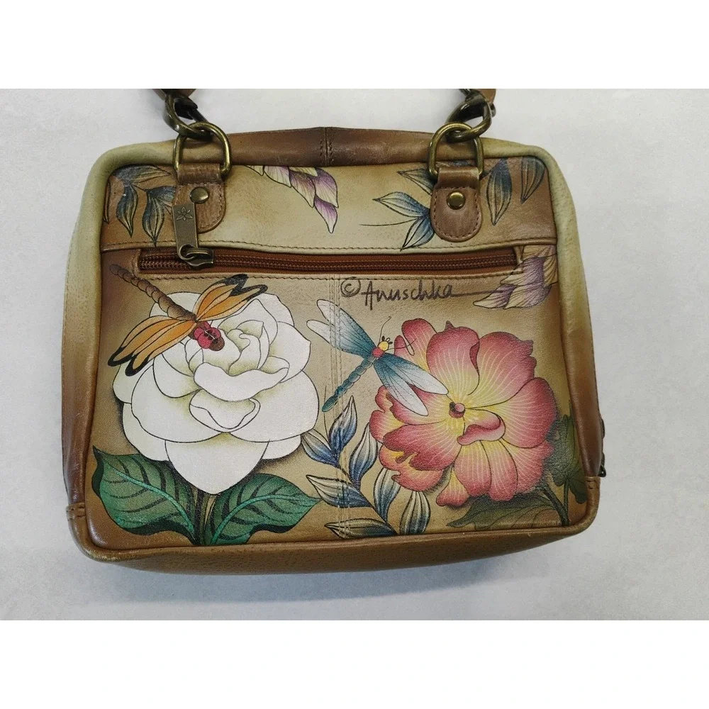 ANUSCHKA Leather Shoulder Bag Hand Painted Colorful Dragonfly & Floral Design‎